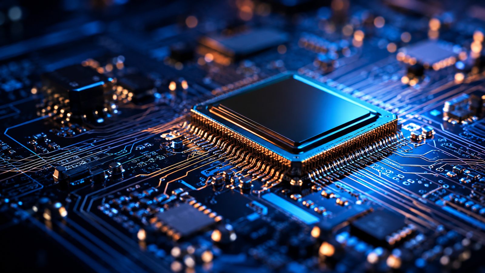 Macro of an electronics circuit board with azure-lit microchips - BIS CRS certification for electronics and IT products