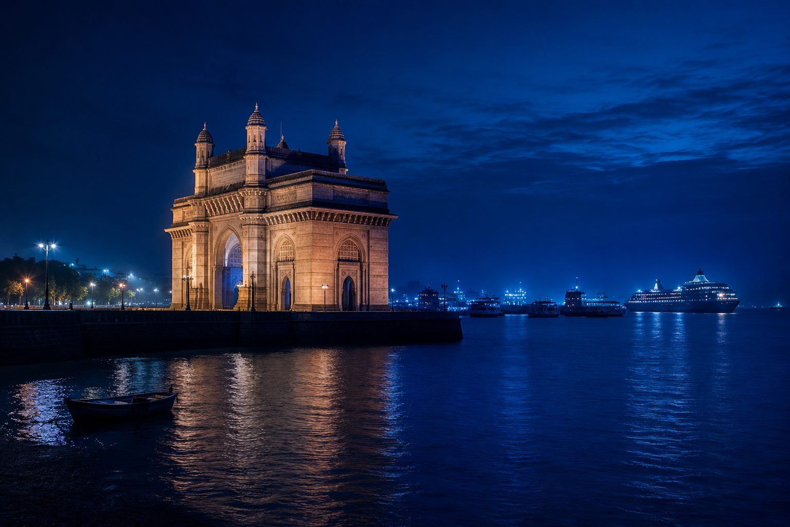 The Gateway of India at blue hour with ships in the harbour - the gateway to the Indian market