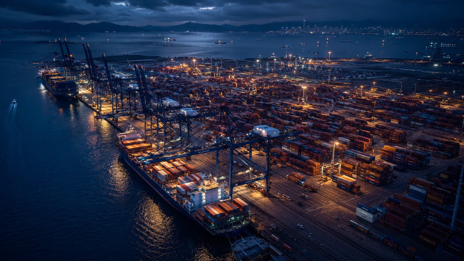 Aerial view of a container port at night - market entry route for products imported into India