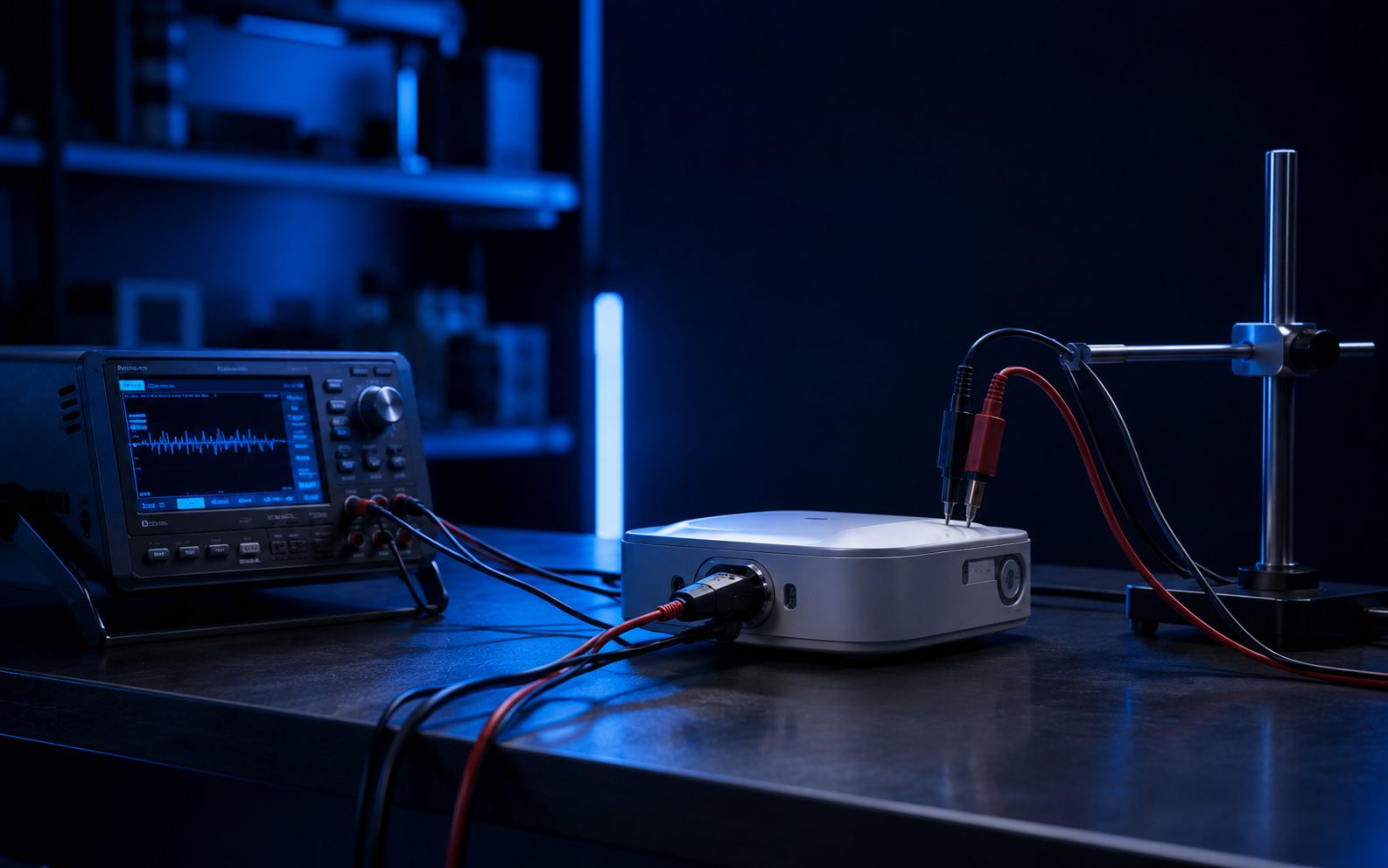 Device connected to test probes and a measuring instrument on a safety test bench - IS/IEC safety testing