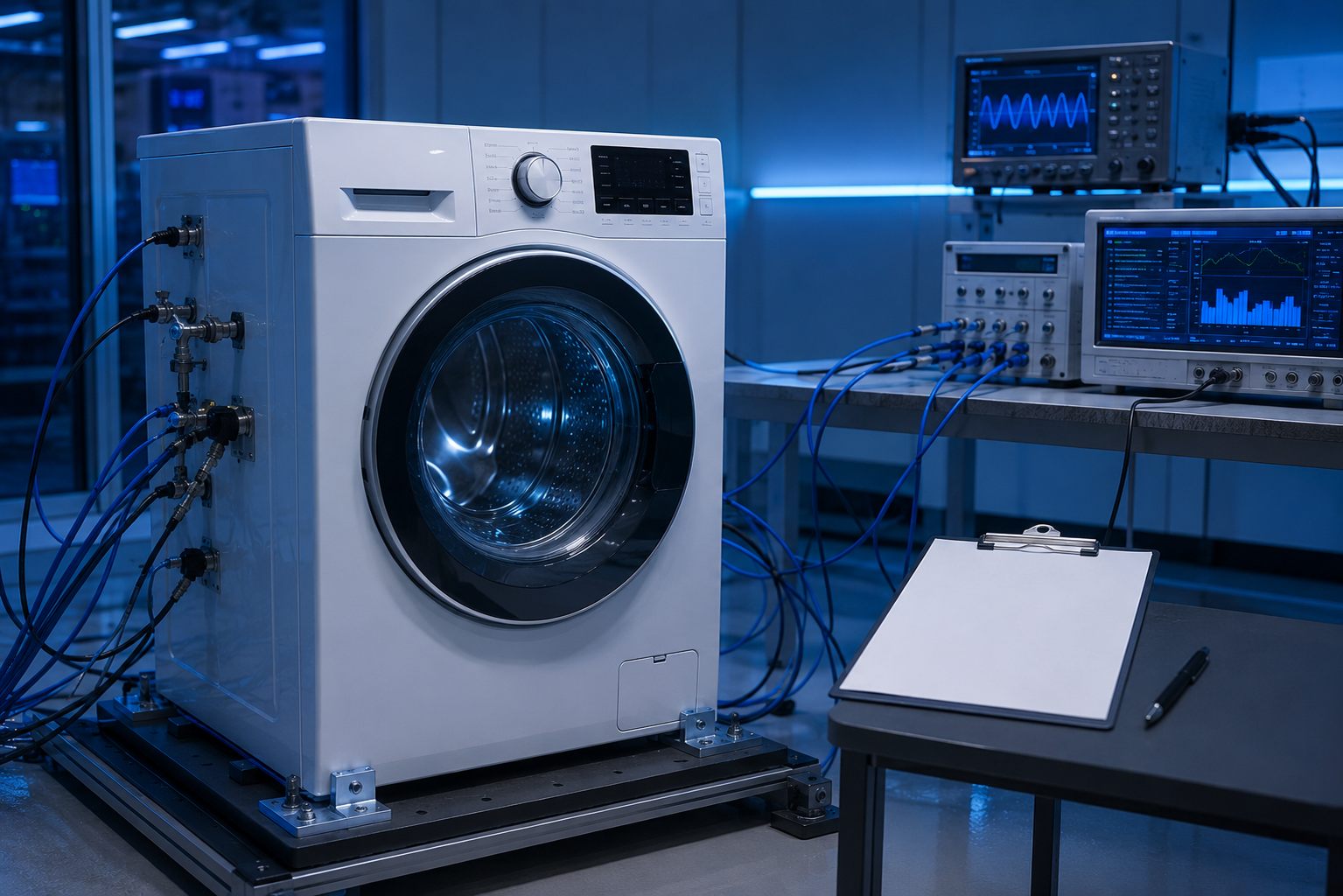 Washing machine wired to test instrumentation in a laboratory