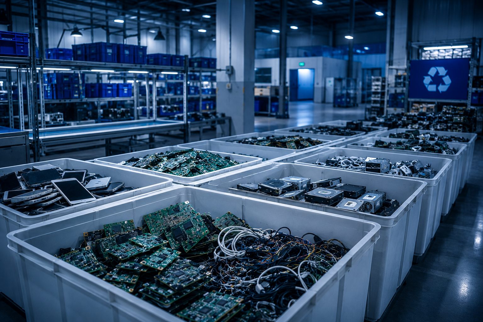 Sorted electronic waste in orderly bins at a recycling facility