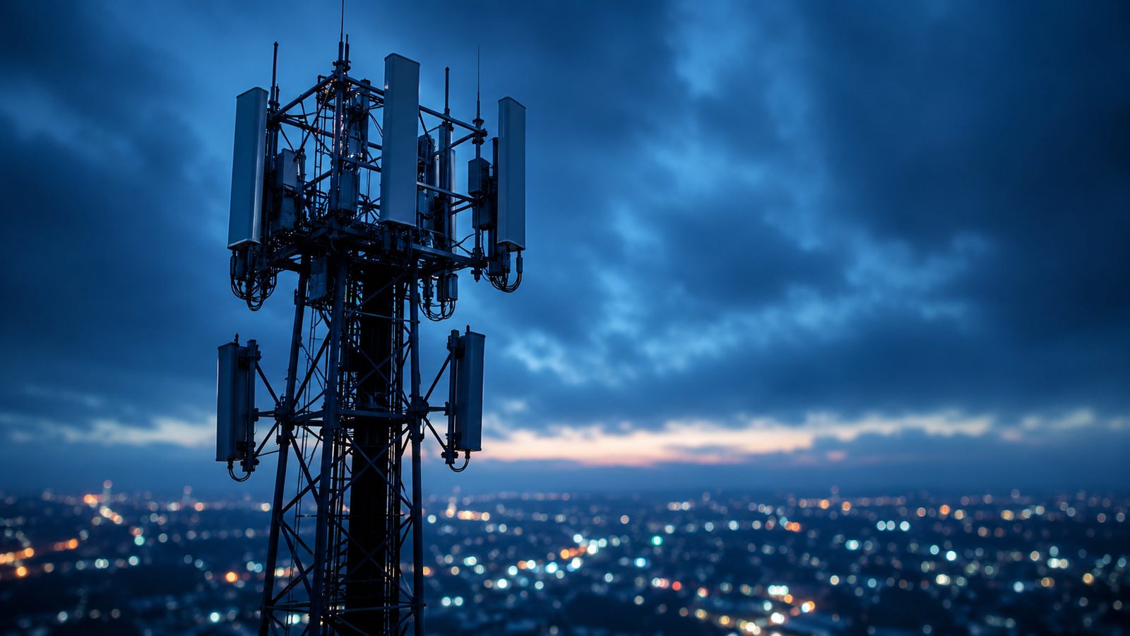 Telecom tower with 5G antennas at dusk over city lights - wireless approvals for telecom and networking equipment in India