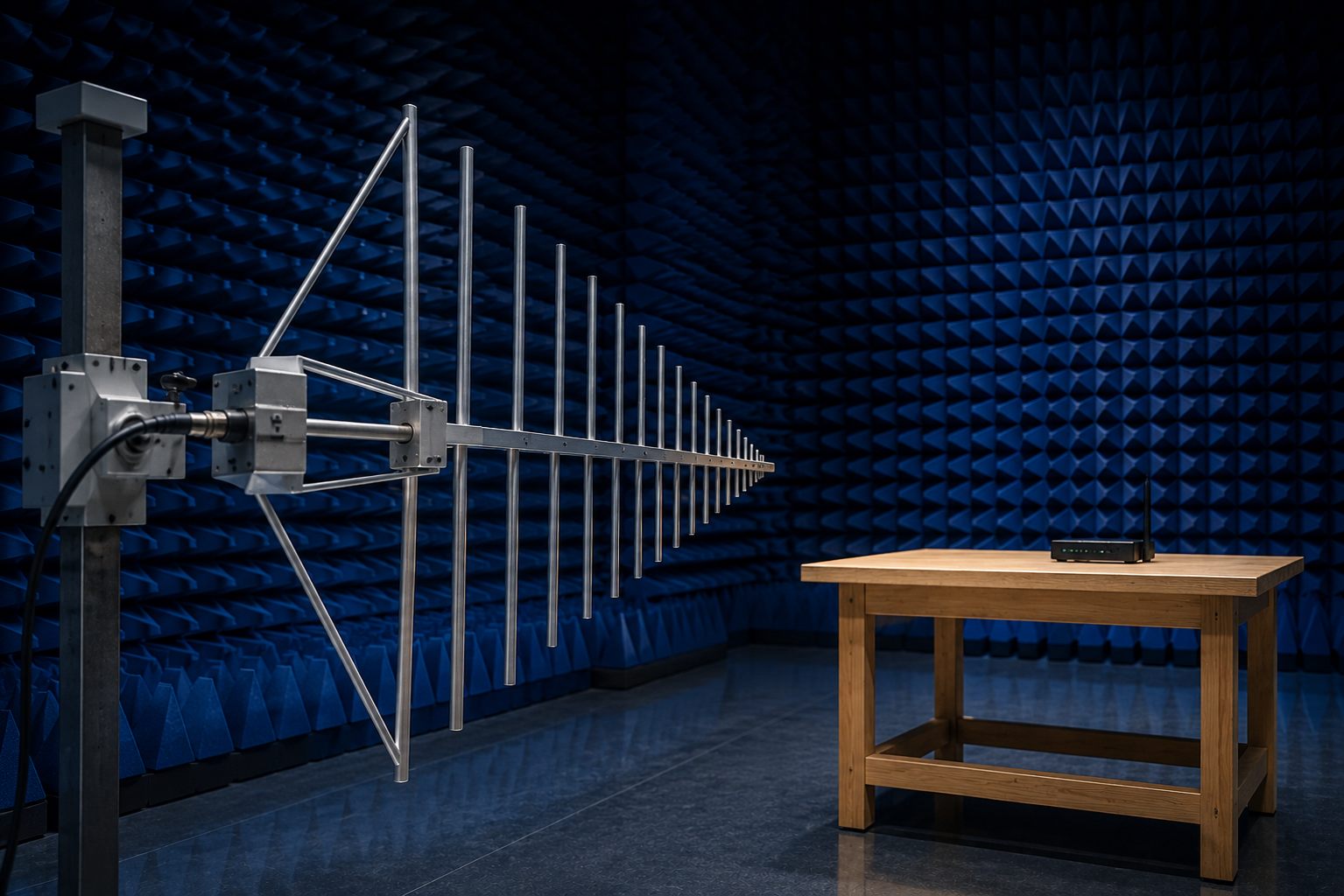 Log-periodic EMC antenna aimed at a device in a test chamber
