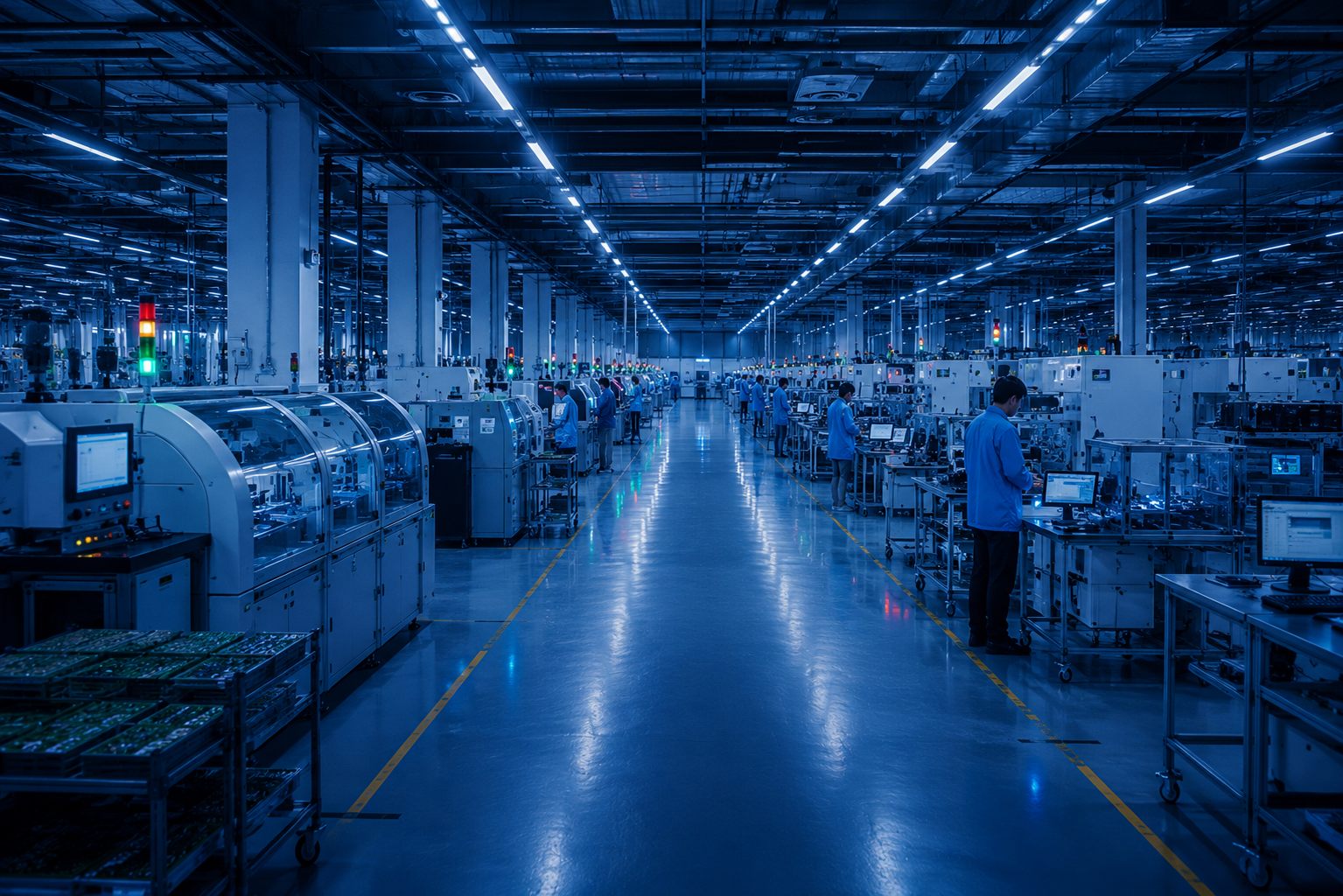 Modern electronics factory floor with orderly production lines